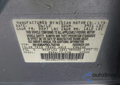 2012 Nissan Sentra 2.0 S z USA, uszkodzony, nr VIN 3N1AB6AP0CL753745